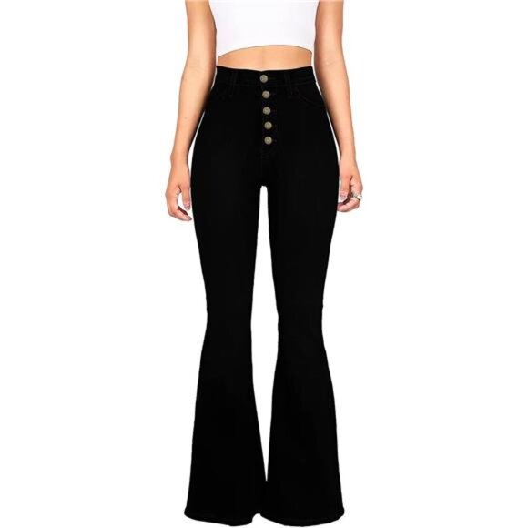Pants - High Waisted Flare Jeans for Women #Black_5buttons